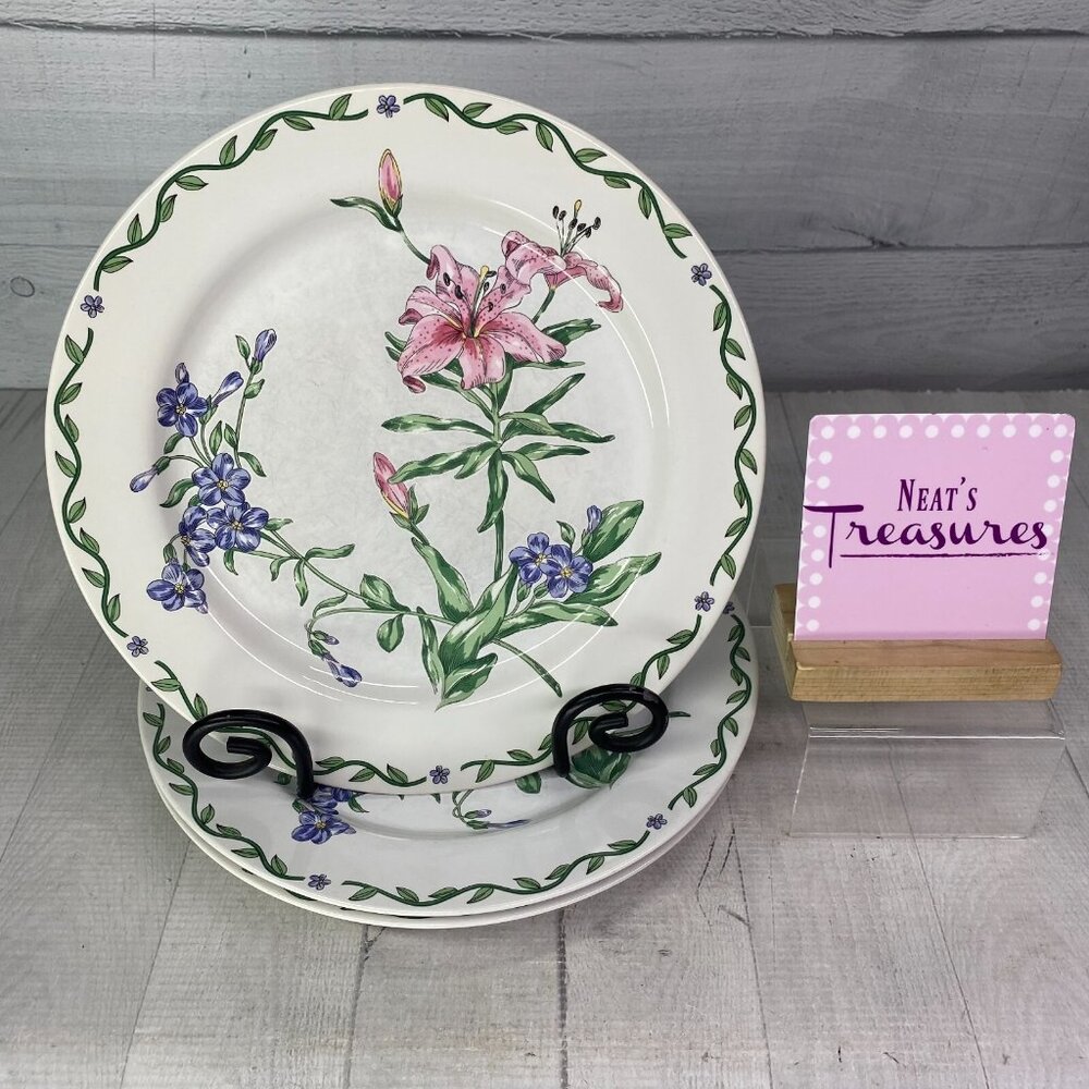International Tableworks TERRACE BLOSSOMS Floral Stoneware Dinner Plates Set 3
